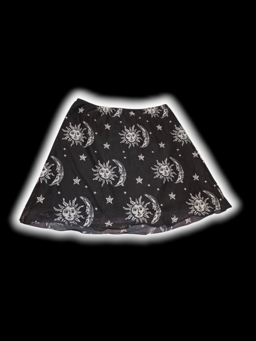 Pre-Owned Exellent Condition, Black Sun & Moon Print A-Line Mini Skirt
